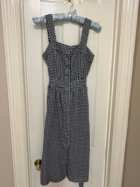 FRNCH PARIS Navy and White Gingham Button-Front Midi Dress; w Belt;Size Small